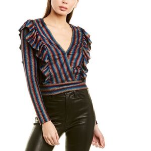 Saylor Carrington Rainbow Stripe Metallic Glitter Ruffle Vneck Top Small